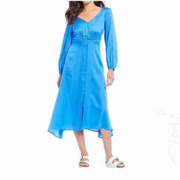 Free People Dress Womens 4 Blue Midi Relaxed Fix Long Sleeves - Picture 1 of 5